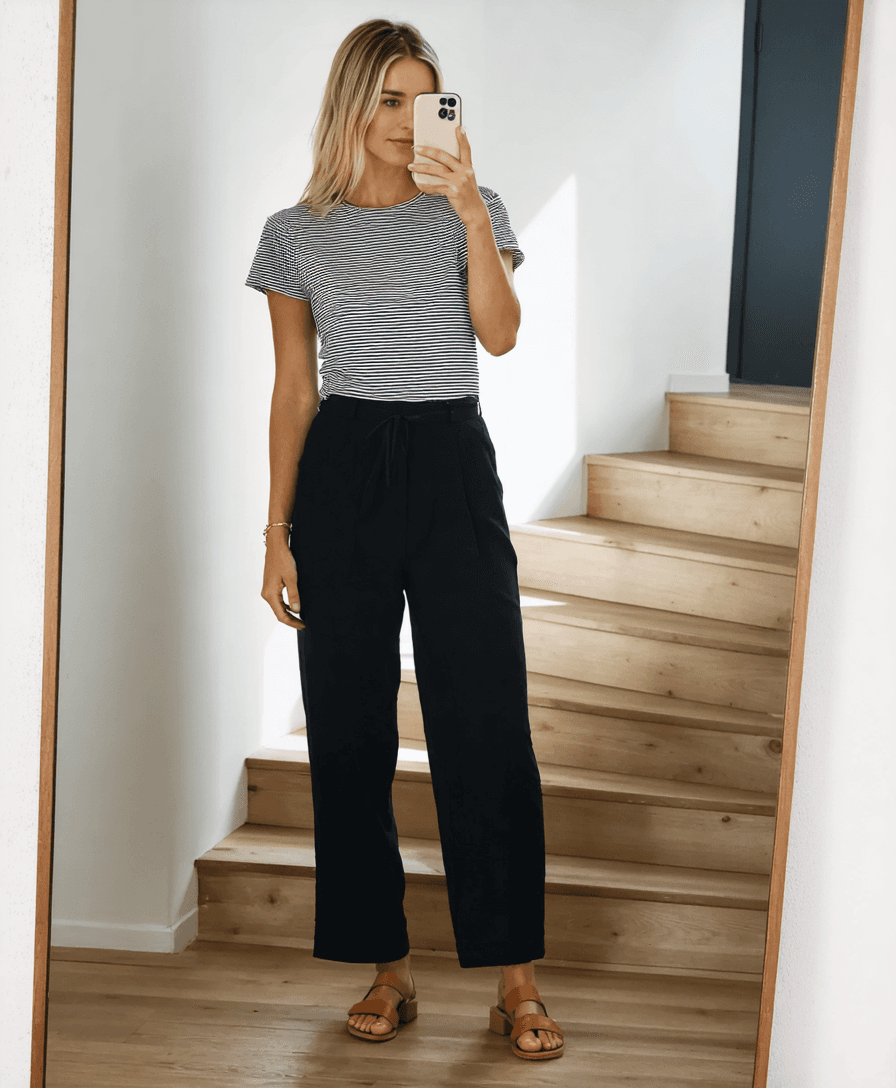 Woman wearing striped t-shirt and black pants